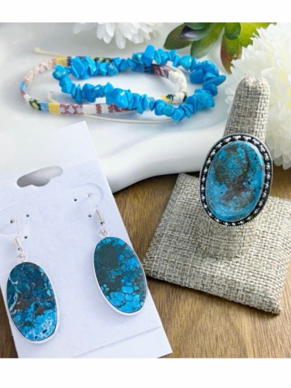 Jewelry Set Lot BIG Turquoise Ring Size 8 Earrings Bracelets New 925 Sterling
